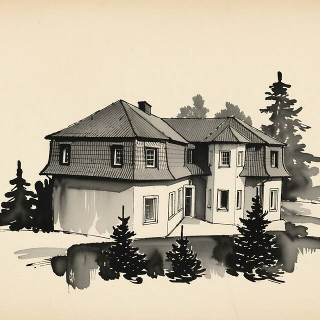 Ilustrační kresba: Penzion v Zálesí