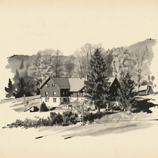 Ilustrační kresba: Horská chata Šumava
