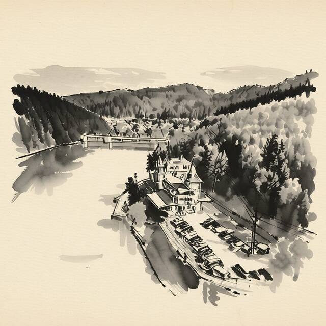 Ilustrační kresba: Retro Riverside Wellness Resort