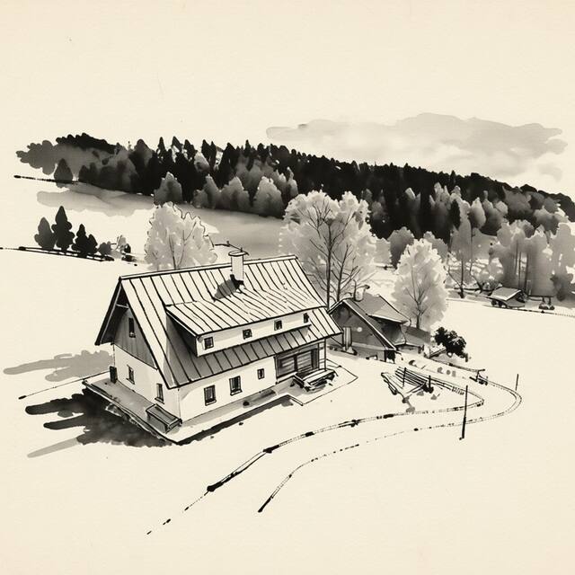 Ilustrační kresba: Chalupy Bret